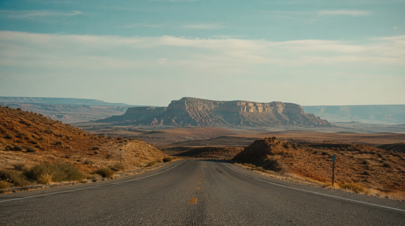 A dusty canyon road stretching to the horizon at golden hour